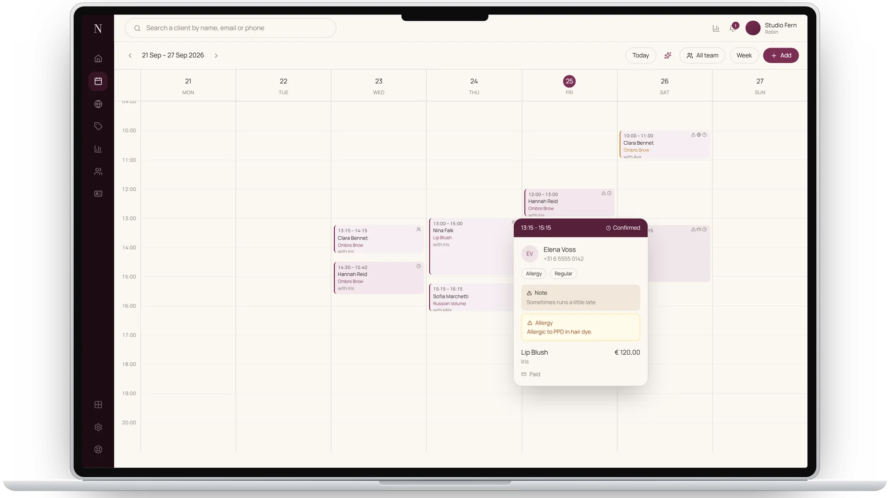 The NOZAIA week calendar with an appointment card open