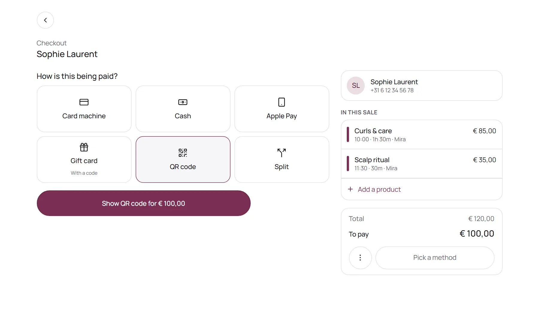The NOZAIA checkout with the payment methods and the QR code
