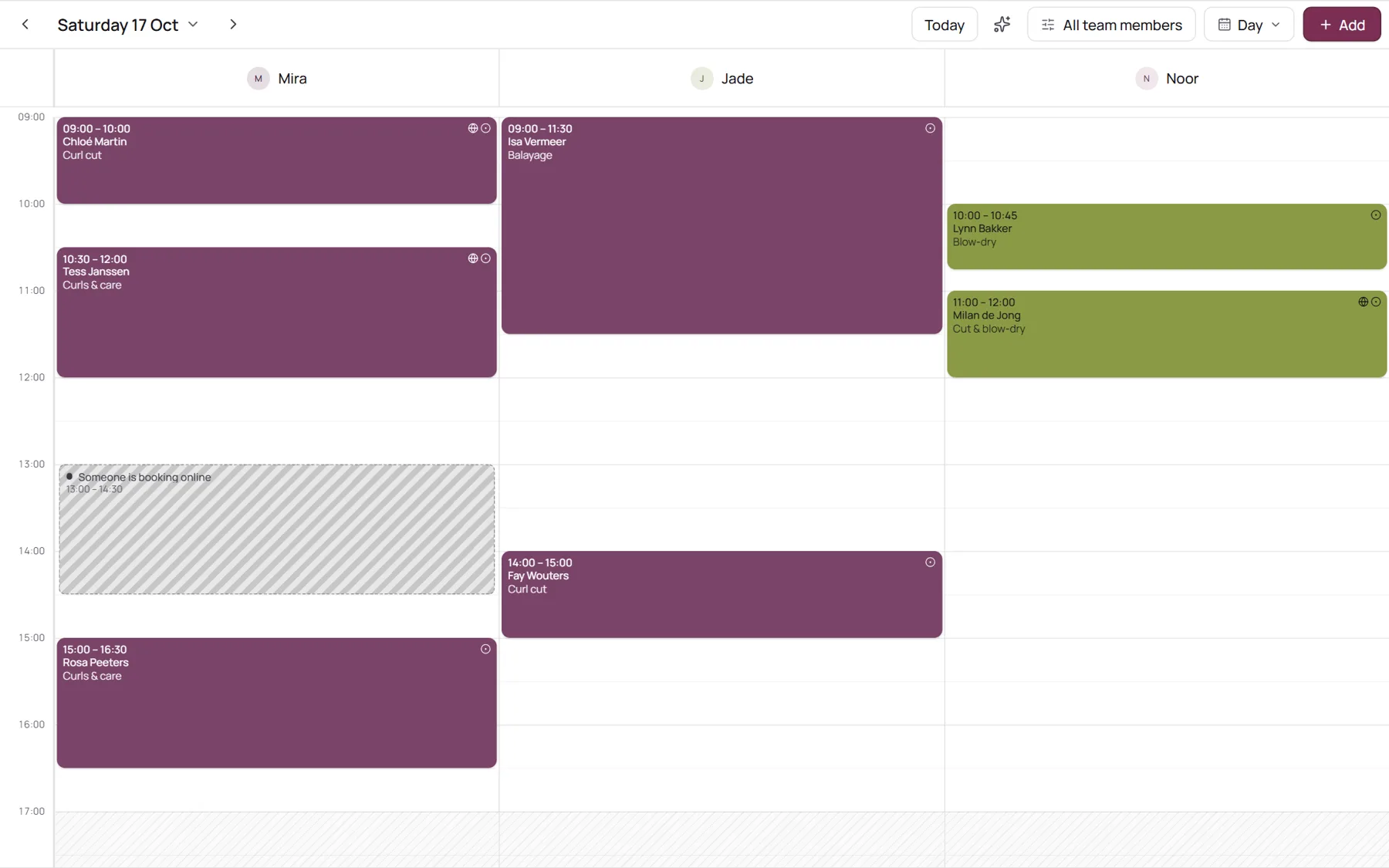 The NOZAIA calendar with a time where someone is booking online right now