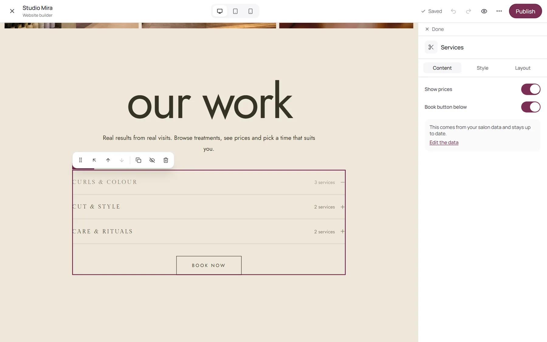 A block with the salon's treatments selected in the website builder