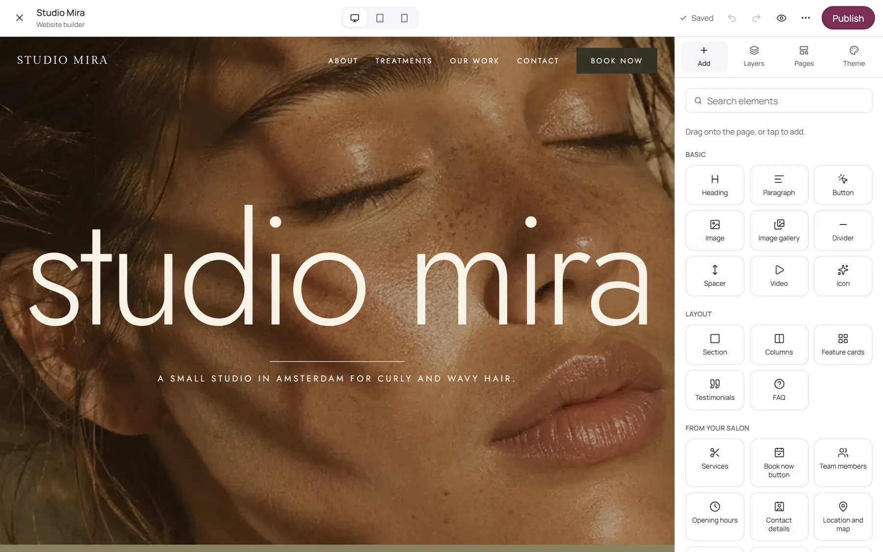 The website builder with the panel of blocks you can drag onto the page