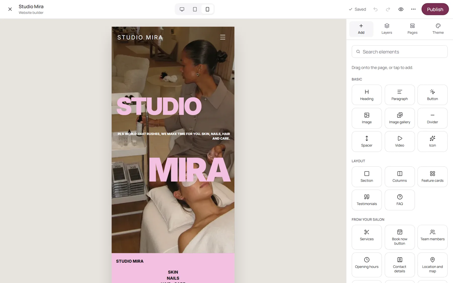 The website builder showing the site on a phone