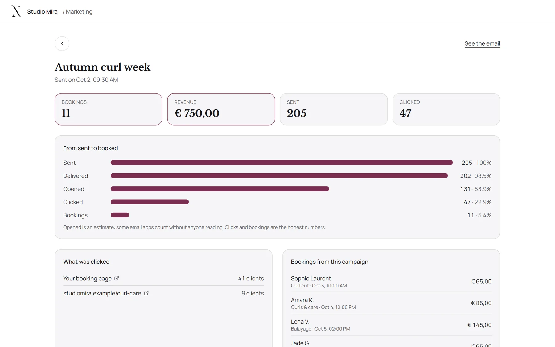 The results of a campaign with bookings, revenue and the steps from sent to booked