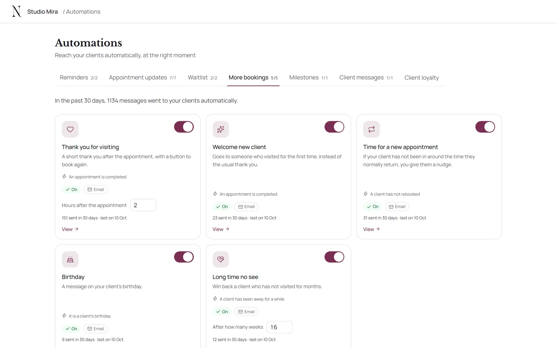 The automations screen with thank you, birthday and win-back emails